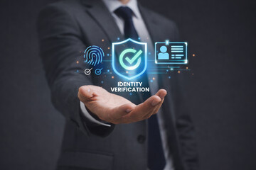 Businessman presenting digital identity verification interface with biometric security icons for online authentication data protection cybersecurity and financial technology concept