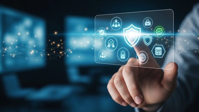 Person interacting with digital security interface featuring shield icon on transparent background - Powered by Adobe