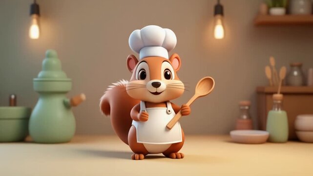 Squirrel dressed as a chef with a spoon is perfect for culinary designs or cookingrelated content, adding a cute and whimsical touch.