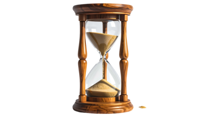 Detailed wooden hourglass with sand flowing through a glass center against a black background