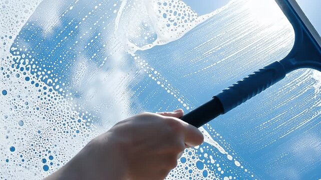 Cleaning a window with a squeegee on a sunny day with blue sky.