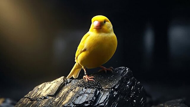 Yellow canary perched on coal in dimly lit space, industrial danger