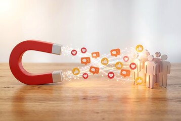 a large red magnet attracting social media icons towards people high quality professional detailed modern elegant stylish clean crisp vibrant colorful