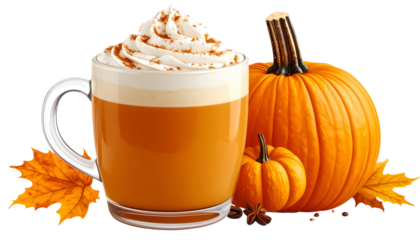 A frothy pumpkin spice latte with whipped cream and two pumpkins. Fall foliage surrounds