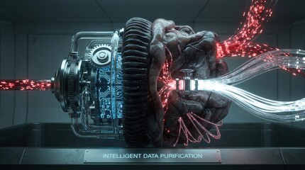 Metallic Brain in Pod with Neon Streams for Data Processing Concept