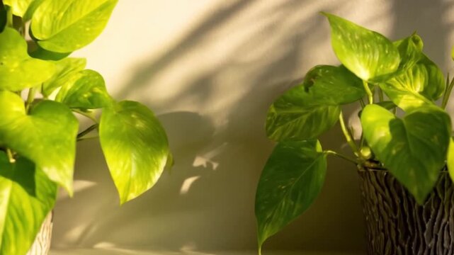 A serene indoor scene featuring two lush potted plants with vibrant green leaves bathed in warm, natural sunlight. Dynamic shadows from unseen elements dance across a light-colored wall, creating a pe