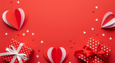 Red background with decorative paper hearts and gift boxes, one with white polka dots and bows, creating a festive, romantic atmosphere.