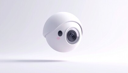 A 3d render and vector illustration of a white spherical surveillance camera isolated on a wall featuring a blue lens eye for internet video connection and security communication technology