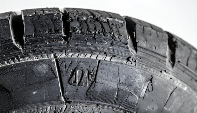 Close up of a worn out and cracked black rubber tire tread