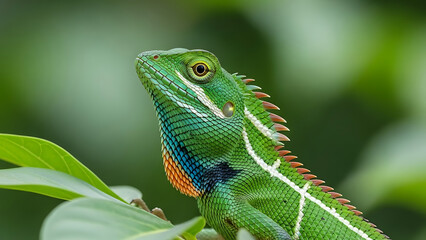 Fototapeta premium Vibrant green oriental garden lizard perched on tropical foliage close up macro shot of colorful reptile with detailed scales and orange throat patch in lush exotic rainforest environment setting