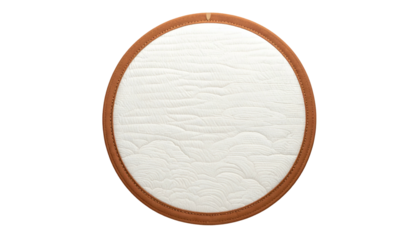Round, textured white panel within a brown stitched frame, minimalist design on black background