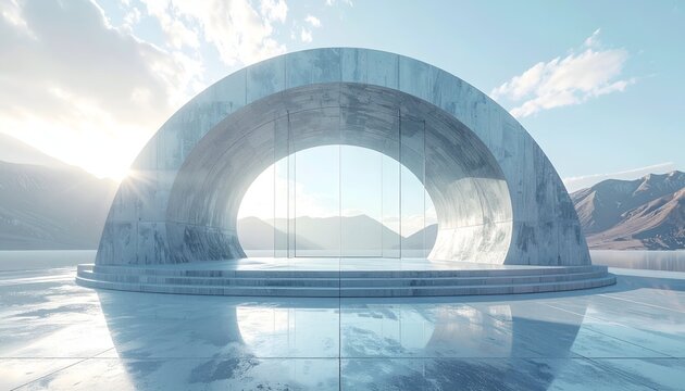 Stone arch framing a serene lake vista with mountains and bright sun