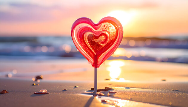 A heart-shaped lollipop rests on a sandy beach at sunset, with gentle waves and a warm, glowing sky in the background. - Powered by Adobe