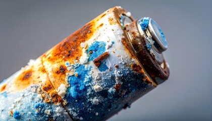 Corroded alkaline battery with blue chemical leakage in macro view