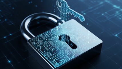A futuristic silver padlock with a circuit board design and a glowing blue key on a transparent background