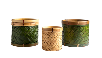 Three cylindrical woven containers in varying sizes and colors, against a black background