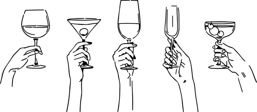 Collection of elegant hands holding various drink glasses in a stylish line art illustration