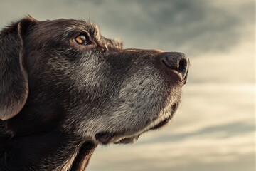 Primer plano del perfil de un perro mirando hacia el cielo nublado.