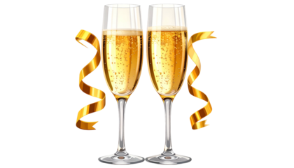 Two champagne flutes clinked in celebration, with golden ribbons swirling around them