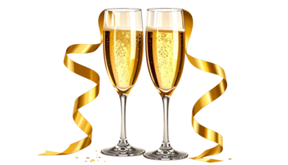 Two filled champagne flutes clinked with gold ribbons on a transparent black background