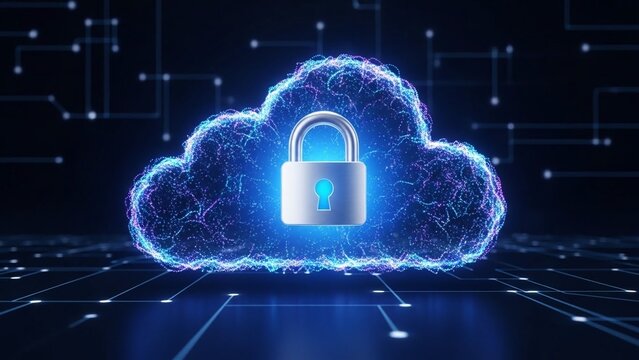 Glowing blue cloud with padlock on transparent background symbolizing secure data storage and cyber security on transparent background - Powered by Adobe