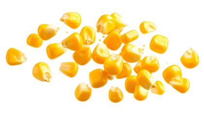 Close-up of golden, kernel-style corn isolated on black, showing varying textures and details