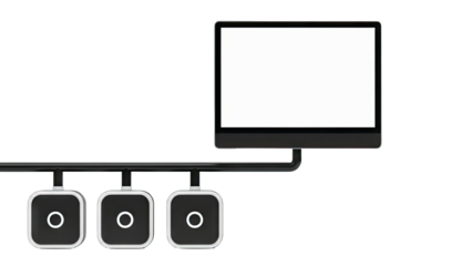 Computer Monitor Connected to Three Square Devices with Circular Symbols