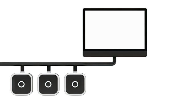 Computer Monitor Connected to Three Square Devices with Circular Symbols - Powered by Adobe