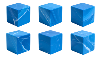 Six blue cubes with white marbling displayed against a black background