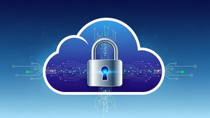 Cloud storage security concept with padlock on blue cloud on transparent background