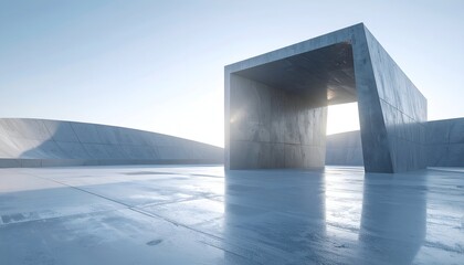 Concrete structure with open entrance and curved backdrop under bright sky