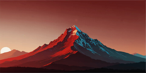 Dramatic high-contrast mountain peak with red and deep blue shadows under a dark orange sky  minimalist flat vector landscape illustration. © md bahar