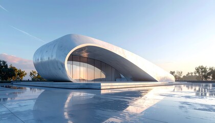 Modern, curved, white building with large windows on a reflective surface
