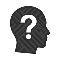 A human head silhouette contains a white question mark symbolizing thought uncertainty and intellectual inquiry