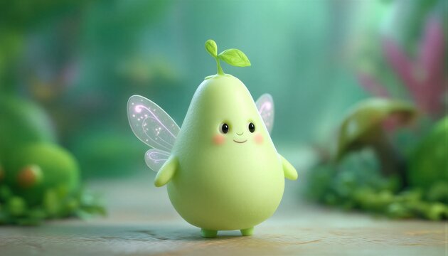 Una adorable pera con alas de hada posa en un bosque m&aacute;gico.