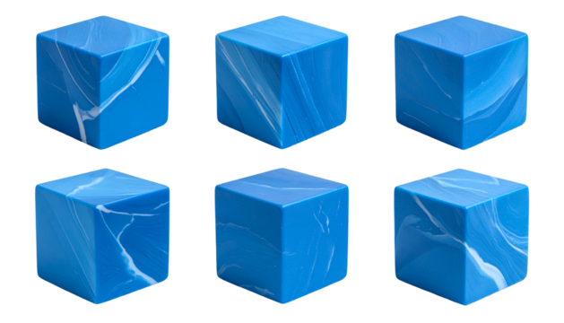Six blue cubes with white marbling displayed against a black background - Powered by Adobe