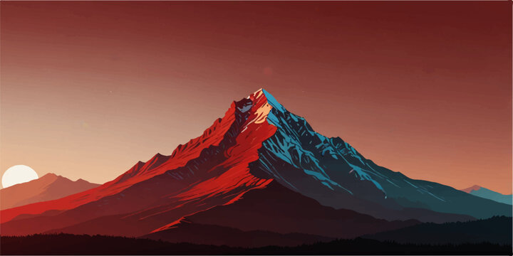 Dramatic high-contrast mountain peak with red and deep blue shadows under a dark orange sky; minimalist flat vector landscape illustration.