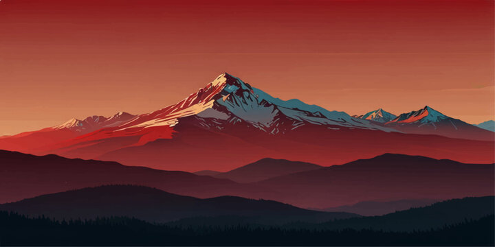 Dramatic high-contrast mountain peak with red and deep blue shadows under a dark orange sky; minimalist flat vector landscape illustration.