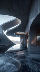 Modern, flowing concrete interior with water, leading to a distant view