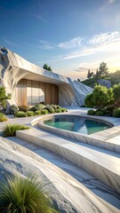 Modern dwelling nestled into natural rock, pool, landscaped garden