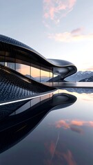 Futuristic building with flowing lines, mirrored in serene water