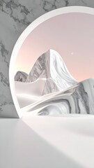 Surreal landscape with marble mountains framed by a circular portal