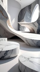 Modern interior featuring flowing white marble surfaces and a bright arched window