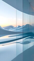 Modern interior featuring serene white curves, reflections, and outdoor view