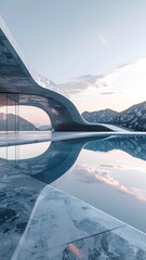 Modern architectural design with curved structure and water reflection