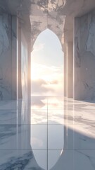 Interior view of a reflective marble space with sunlight streaming through arches