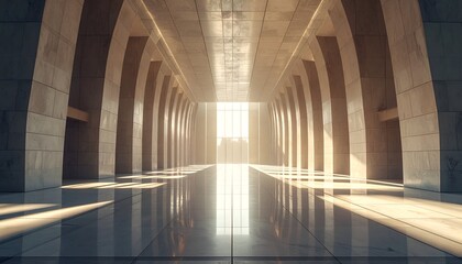 Bright sunlit corridor with archways and reflective floor