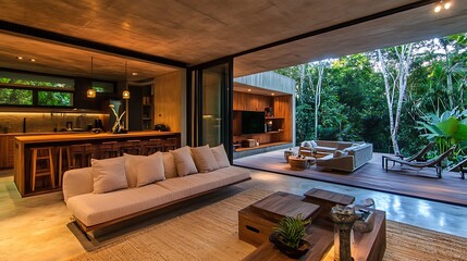 Luxurious modern open plan living room seamlessly blends interior design with a lush tropical jungle terrace offering deep relaxation and natural immersion