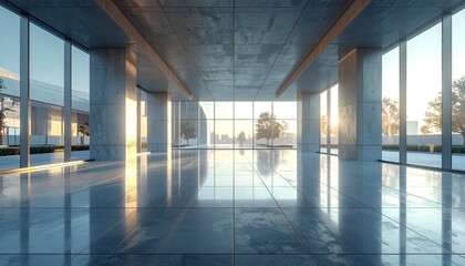 Modern architectural interior with expansive windows and sunlight