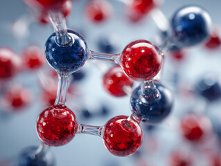 3d rendering of a molecular structure with interconnected red and blue spheres representing atoms and bonds in a scientific and futuristic background design